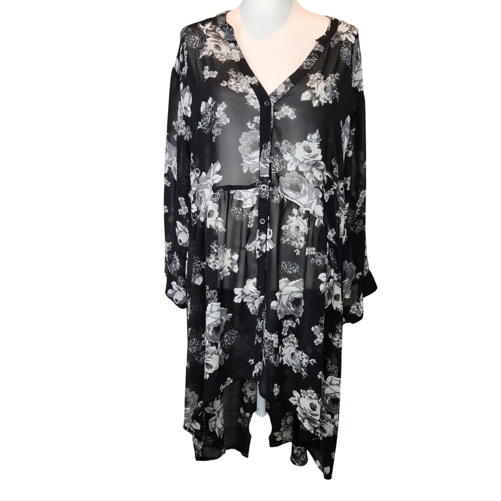 Torrid Coverup Sheer Floral Black White High Low Button Front 4X - Picture 2 of 7